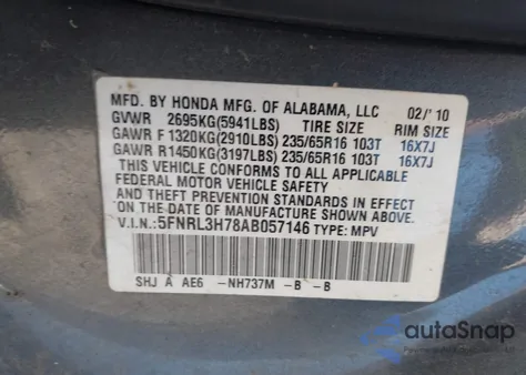 2010 Honda Odyssey Ex-L из США, поврежденный, VIN 5FNRL3H78AB057146